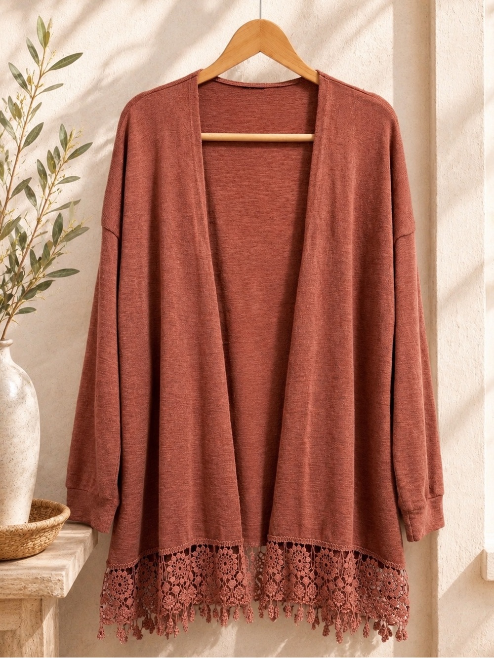 ✨ Rust Cardigan Sweater Open Front Lace Hem Size L ✨